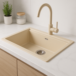 GraniteMy Fregadero universal de granito beige arena 55 x 40 cm, montaje sobre encimera, bajo encimera y empotrado, con tapón de acero inoxidable 1208968012